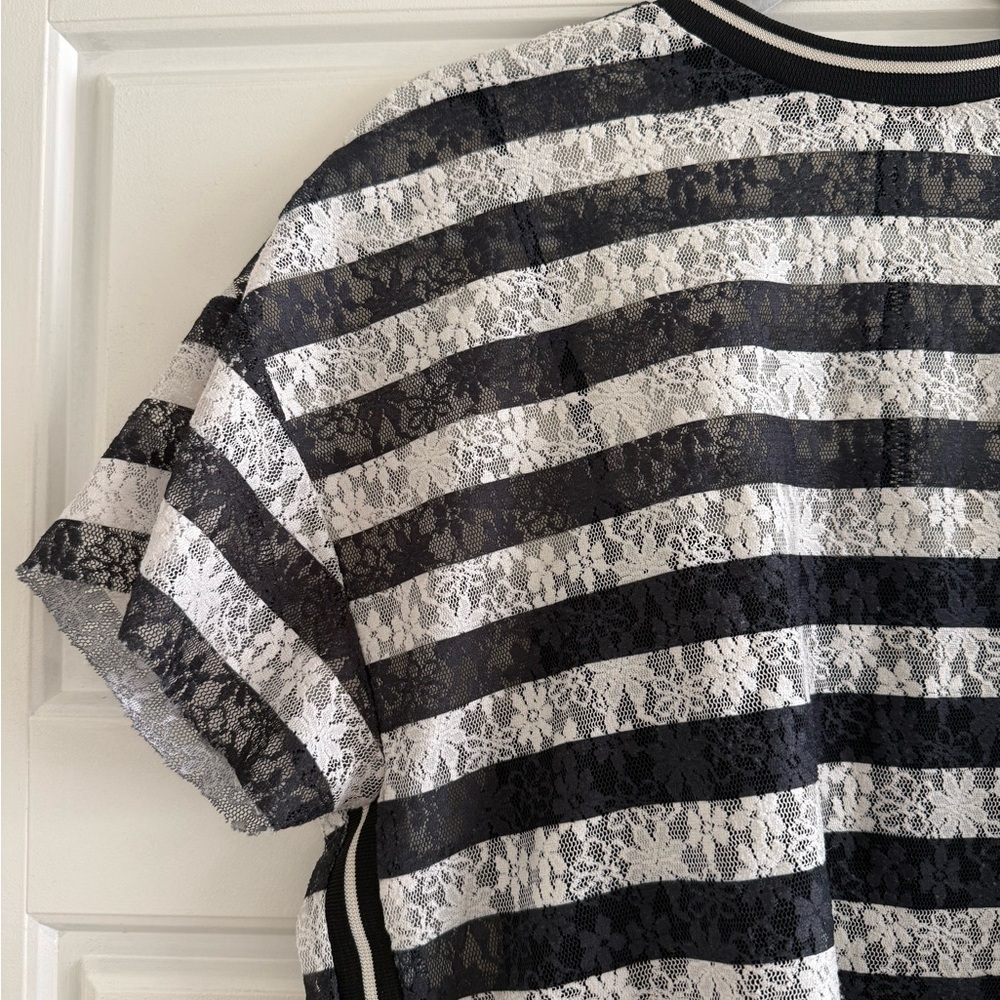 Zara Lace Striped Flower Pattern Short Sleeve Top Size Small - Picture 2 of 5